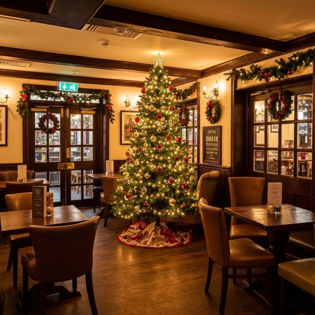 Festive British pub decorated for Christmas