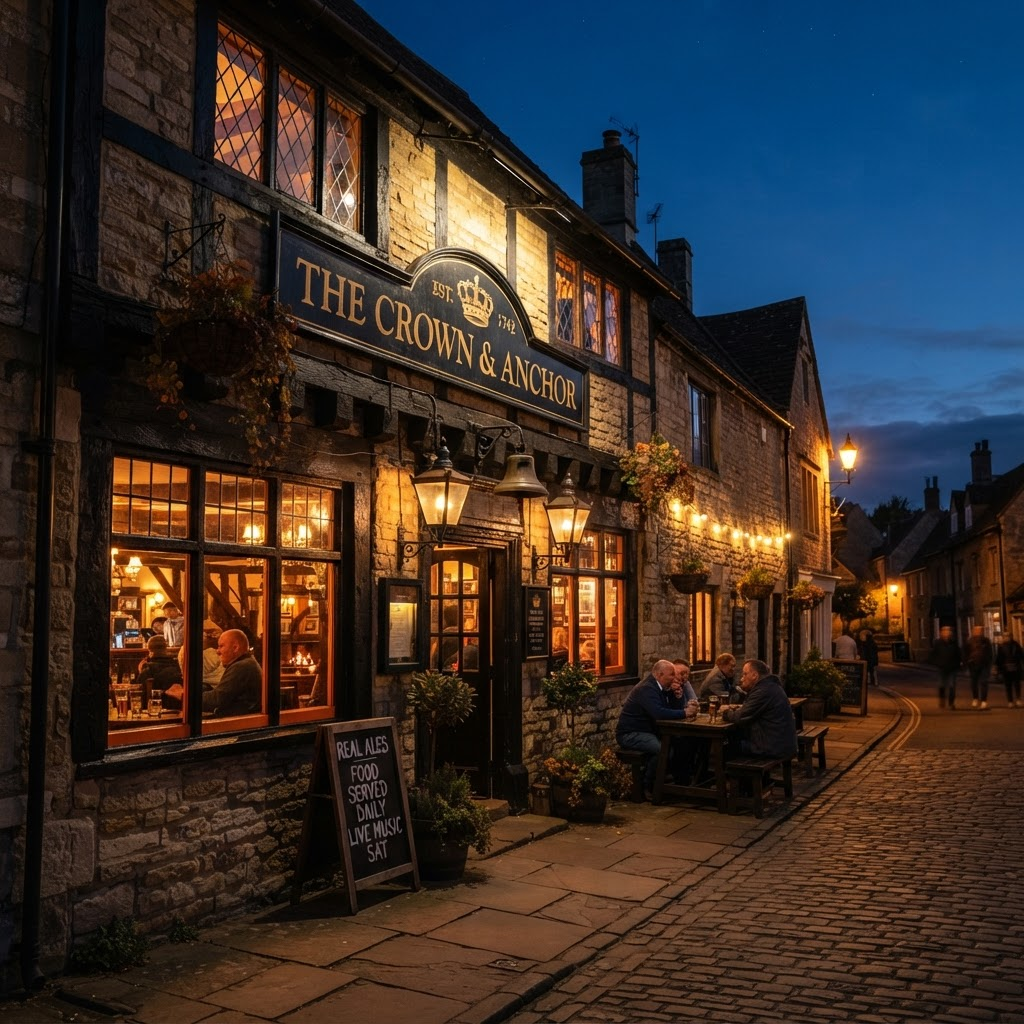 A traditional UK pub exterior at twilight with a warm amber glow illuminating the windows and dark wood signage
