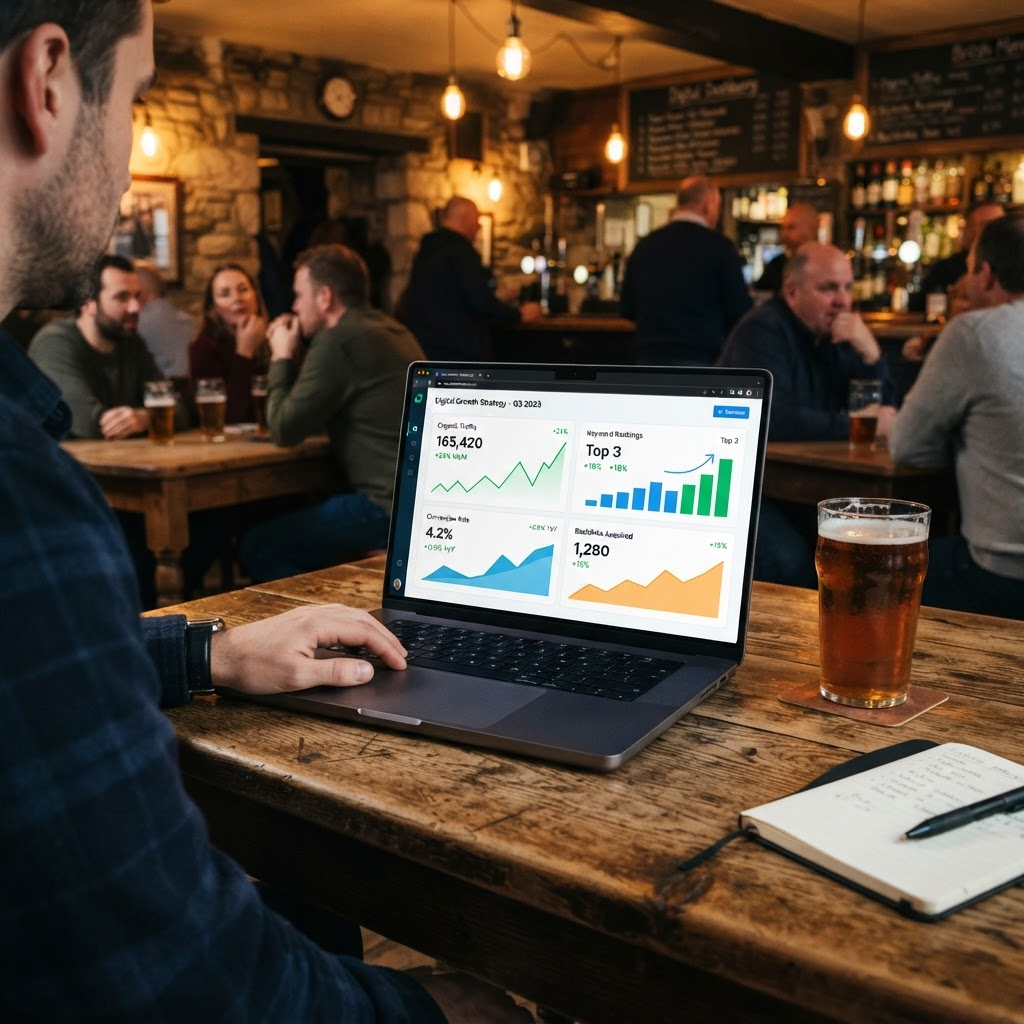 A professional laptop showing an SEO dashboard with growth stats on a rustic pub table