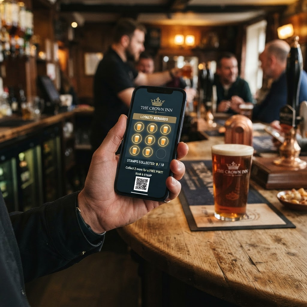 A customer holding a phone showing a digital pub loyalty card at the bar